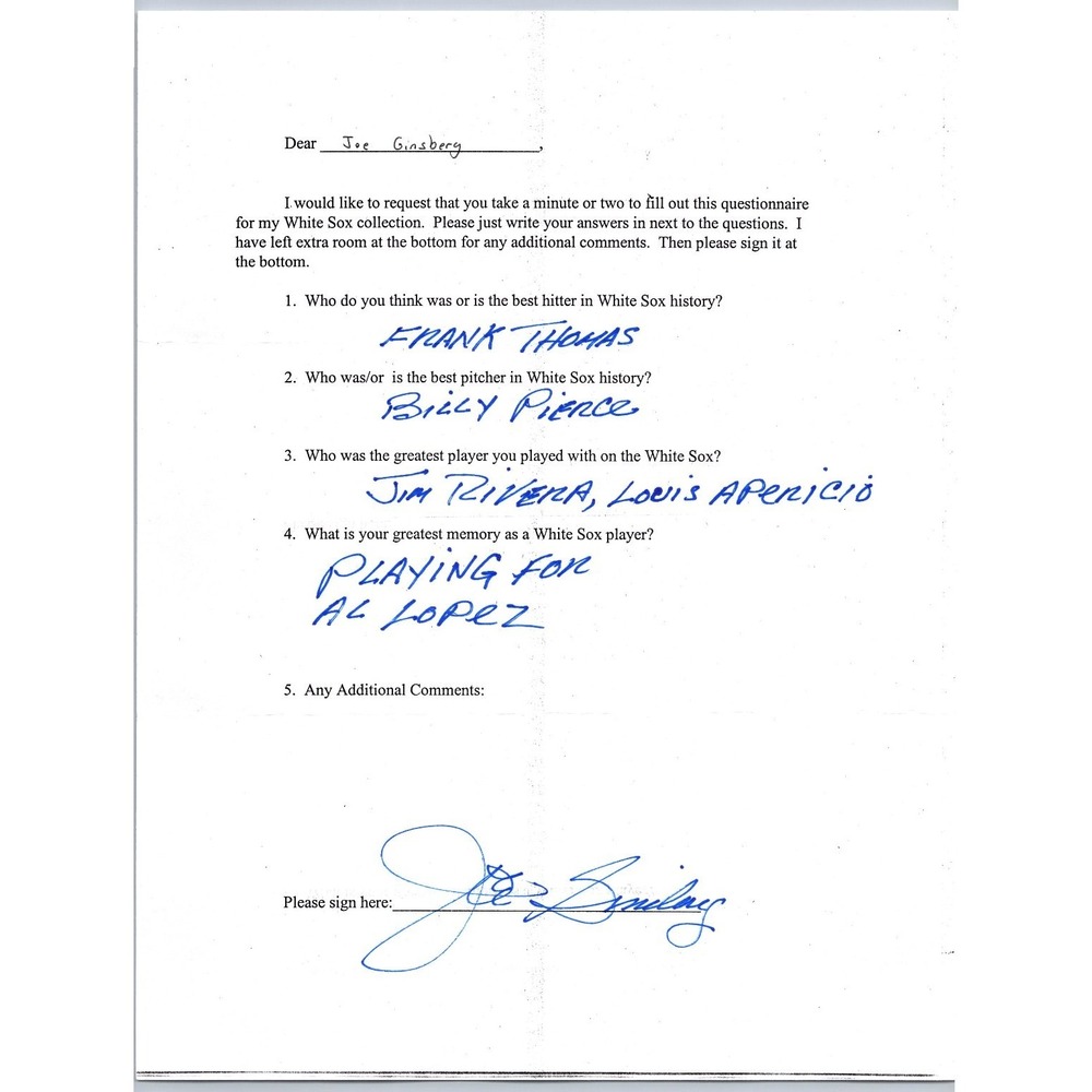 Joe Ginsberg Autographed Chicago White Sox Questionnaire Signed Baseball Paper